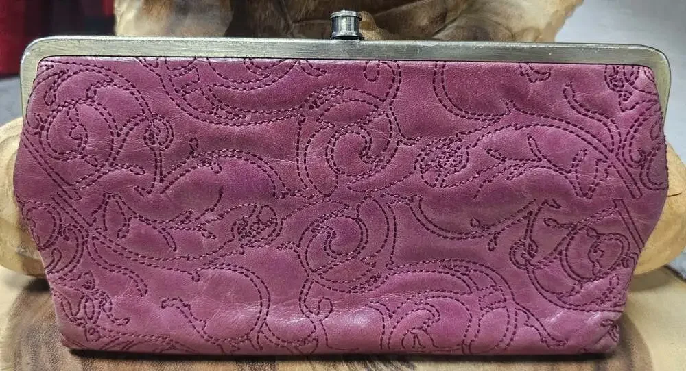 Hobo International Lauren Purple Mulberry Embroidered Leather Clutch Wallet